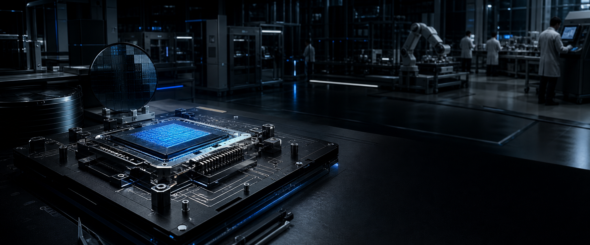Advanced semiconductor and hardware engineering lab with precision tools and cleanroom lighting