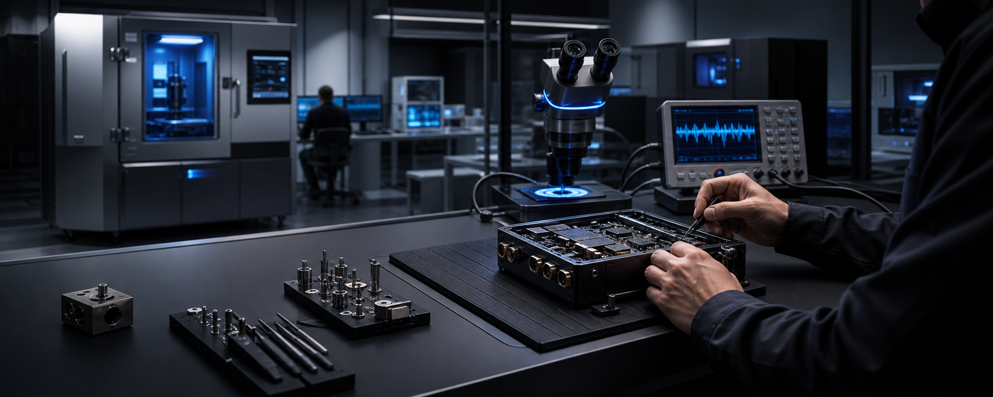 Electronics engineering lab with PCB inspection, instrumentation, and rapid prototyping tools